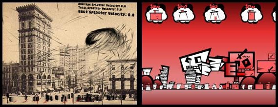 "Attack of the Killer Swarm"（左）只用了一天时间就完成了，并出人意料地成为该项目中评价最高的游戏之一。"Suburban Brawl"（右）多花了一周的时间，但变得过于复杂。如果没有花时间添加那些巨型杀手机器人，它可能会更有趣。
